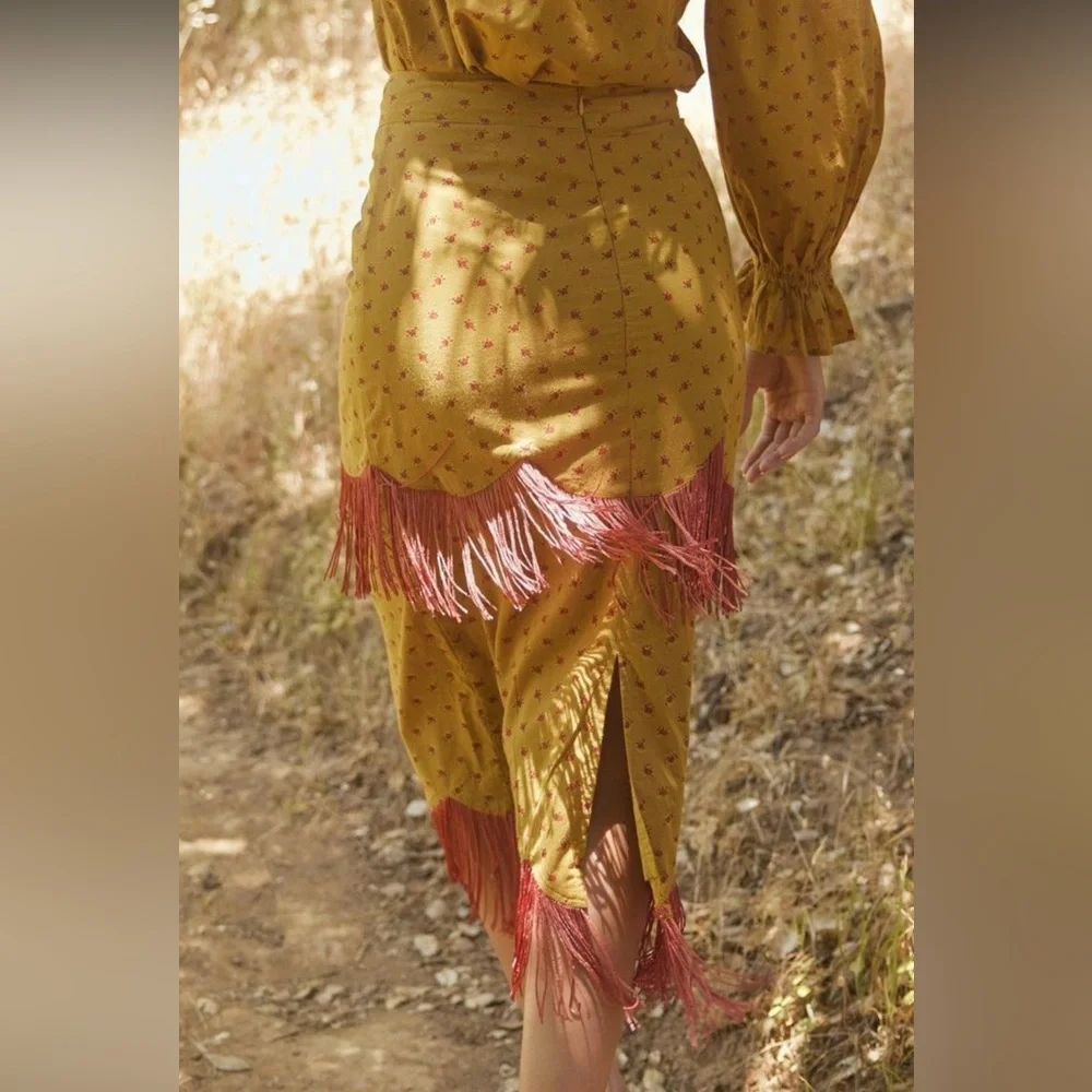 EDDY Mustard Fringe Midi Skirt Set